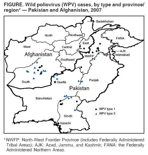 FIGURE. Wild poliovirus (WPV) cases, by type and province/
region* — Pakistan and Afghanistan, 2007