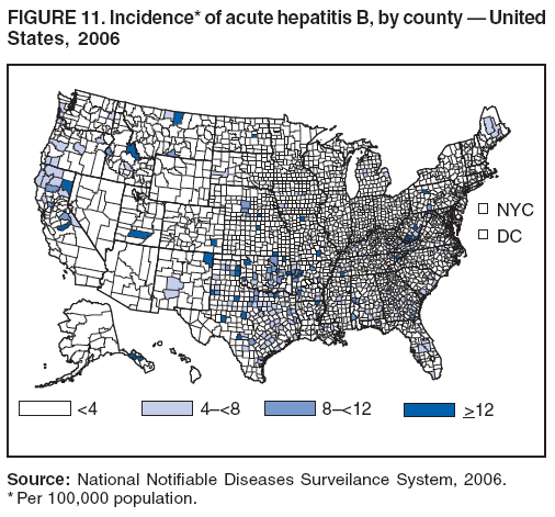 FIGURE 11. Incidence* of acute hepatitis B, by county — United
States, 2006