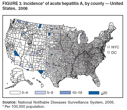 FIGURE 3. Incidence* of acute hepatitis A, by county — United
States, 2006