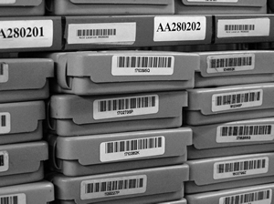 A close-up of the bar code and labeling system used by the Texas Regional Library