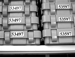 A portion of the digital shelving system used at Andrew Heiskell Braille and Talking Book Library. The last two digits of these titles, 97, let staff know that these books are shelved in the outer stacks.