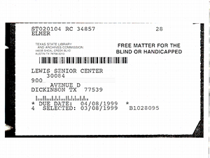 Mailing label/picking ticket used at the Texas State Library and Archives. The alphanumeric statement shown in the top left corner, ST020104, identifies the book’s location