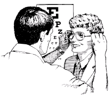 Image of an eye doctor placing glasses on a woman.
