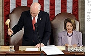 VP Dick Cheney, accompanied by House Speaker Nancy Pelosi, bangs the gavel after counting Electoral College votes, 08 Jan 2009