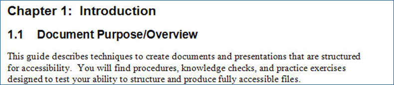 Screen capture of document having two levels of headings and body text.