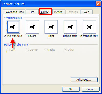 Screen capture of the Format Picture tool. The Layout tab is selected. The Wrapping style choice In line with Text is selected. A red arrow points to the In line with text icon.