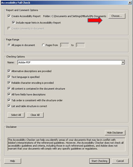 Accessibility Full Check options box with correct options selected.