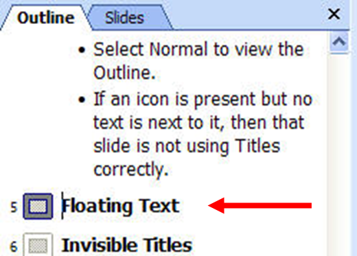 Screen capture of the Outline view. Text added in a text box instead of by the slide layout does not appear in the Outline view. An arrow points to where the text is missing.
