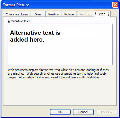 Format Picture tool has the Web menu selected. Alternative text entry field states: Alternative text is added Here.