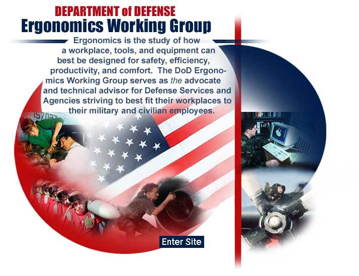 Department of Defense Ergonomics Working Group Ergonomics is the study of  how a workplace, tools, and equiptment can best be designed for safety, efficency, productivity, and comfort.  The DoD Ergonomics Working Group serves as the advocate and technical advisor for Defense Services and Agencies striving to best fit their workplaces to their military and civilan employees.  