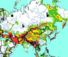 Map of asia showing seismic hazard areas in different colors.