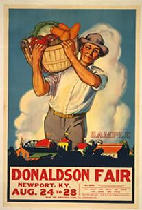 Poster showing a man with a basket full of fresh vegetables resting upon his shoulder.  The poster reads, "Donalson Fair, Newport, KY, Aug. 24 to 28.