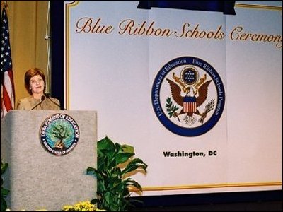 First Lady Laura Bush speaks to winners of the Blue Ribbon Schools award.