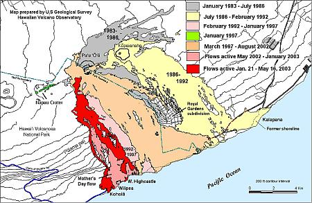 Map of lava flows on south coastal part of Kilauea Volcano as of 16 May 2003