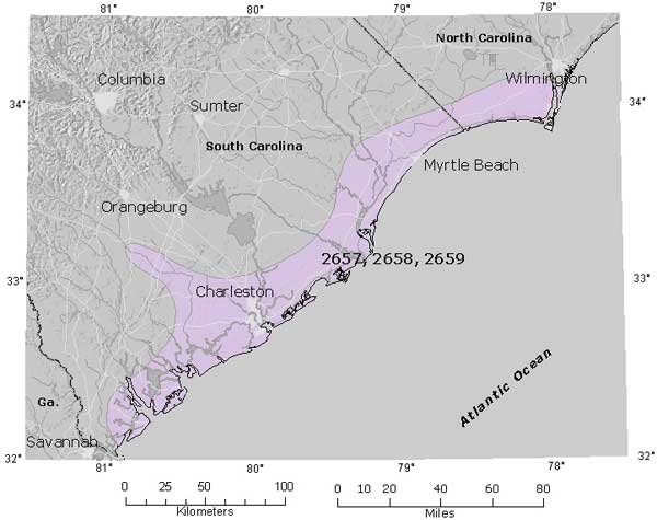 Charleston, SC map showing area of quaternary liquefaction potential along entire coastline