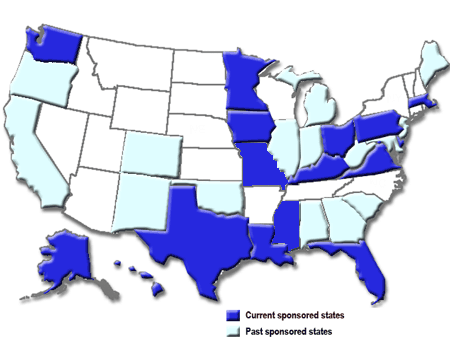 CDC Sponsored MCH Epidemiologists–—FY 2008 map for past sponsored and presently sponsored states