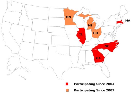 In June 2004, CDC funded four state health departments to establish statewide Paul Coverdell National Acute Stroke Registries with the mission of monitoring and improving the quality of acute stroke care in their states. Those four states were Georgia, Illinois, Massachusetts, and North Carolina.  In 2007, CDC funded Michigan, Minnesota, and Ohio.