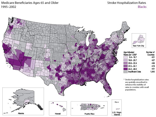 Map showing stroke hospitalization rates for the black population. Refer to previous paragraph titled Blacks for a detailed explanation of the map.