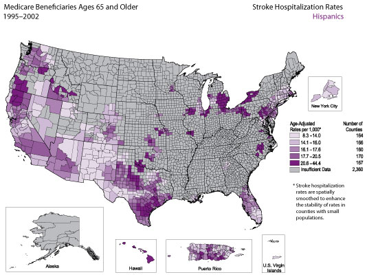 Map showing stroke hospitalization rates for the Hispanic population. Refer to previous paragraph titled Hispanics for a detailed explanation of the map.