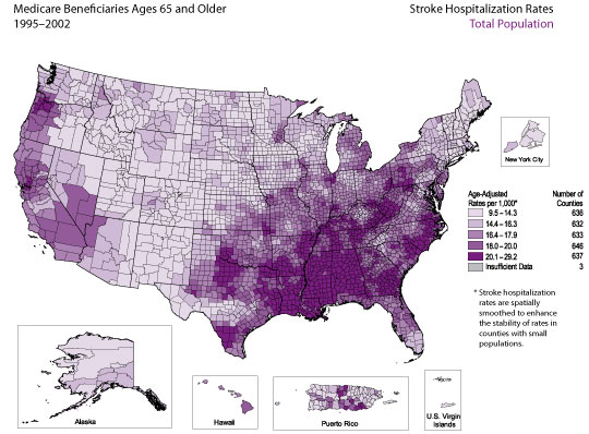 Map showing stroke hospitalization rates for the total population.  Refer to previous paragraph titled Total Population for a detailed explanation of the map.