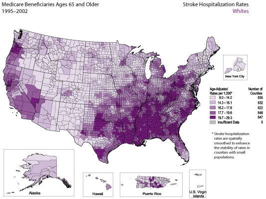 Map showing stroke hospitalization rates for the white population. Refer to previous paragraph titled Whites for a detailed explanation of the map.