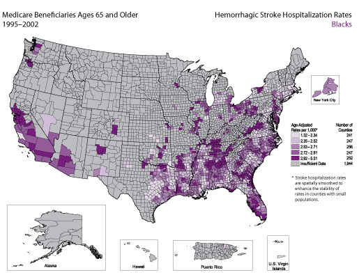 Map showing stroke hospitalization rates for hemorrhagic stroke for the Black population. Refer to previous paragraph titled Blacks for a detailed explanation of the map.