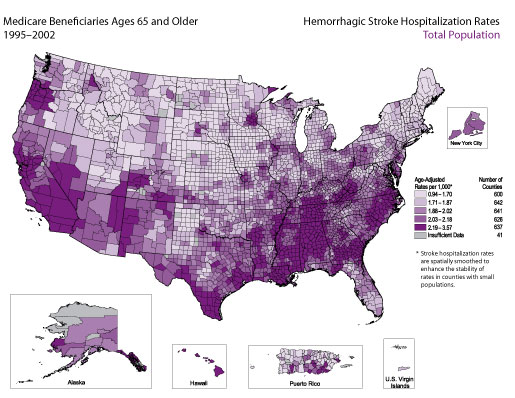 Map showing stroke hospitalization rates for hemorrhagic stroke for the total population. Refer to previous paragraph titled Total Population for detailed explanation of the map.