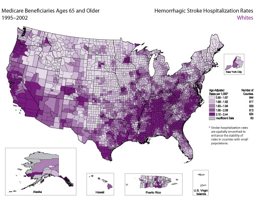 Map showing stroke hospitalization rates for hemorrhagic stroke for the white population. Refer to previous paragraph titled Whites for a detailed explanation of the map.