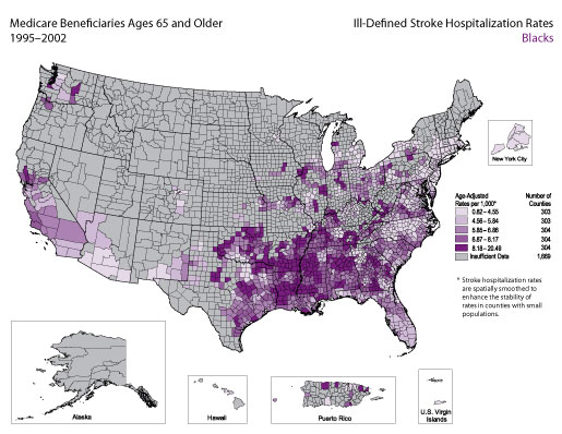 Map showing stroke hospitalization rates for ill-defined stroke for the Black population. Refer to previous paragraph titled Blacks for a detailed explanation of the map.