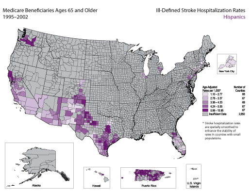 Map showing stroke hospitalization rates for ill-defined stroke for the Hispanic population. Refer to previous paragraph titled Hispanics for a detailed explanation of the map.