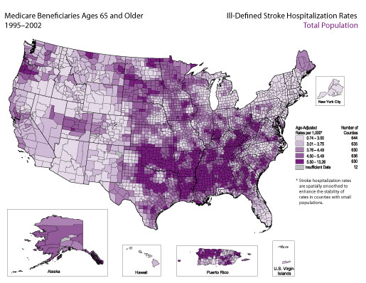 Map showing stroke hospitalization rates for ill-defined stroke for the total population.  Refer to previous paragraph titled Total Population for a detailed explanation of the map.