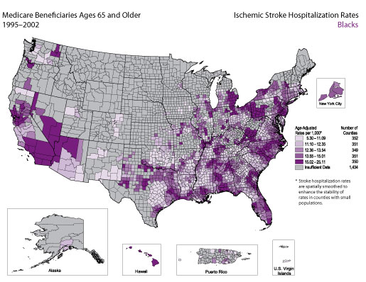 Map showing stroke hospitalization rates for ischemic stroke for the Black population. Refer to previous paragraph titled Blacks for a detailed explanation of the map.
