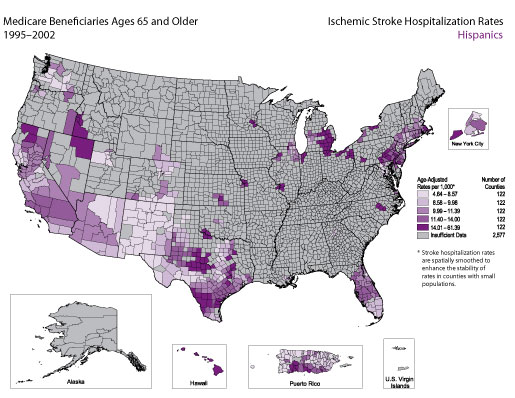 Map showing stroke hospitalization rates for ischemic stroke for the Hispanic population. Refer to previous paragraph titled Hispanics for a detailed explanation of the map.