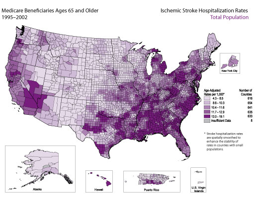 Map showing stroke hospitalization rates for ischemic stroke for the total population. Refer to previous paragraph titled Total Population for a detailed explanation of the map.