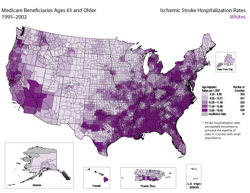 Map showing stroke hospitalization rates for ischemic stroke for the white population. Refer to previous paragraph titled Whites for detailed explanation of the map.