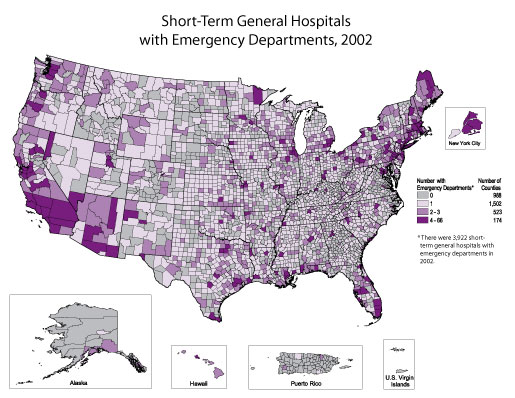 Map showing the number of short-term general hospitals with emergency departments in the U.S. in 2002. Refer to paragraph above titled Short-term General Hospitals with Emergency Services for a detailed explanation of the map.