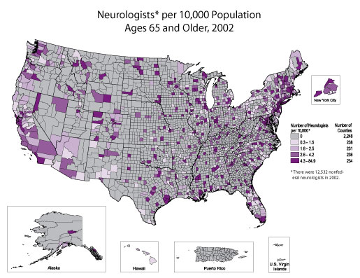 Map showing the number of neurologists in the U.S. in 2002. Refer to paragraph above titled Neurologists for a detailed explanation of the map.