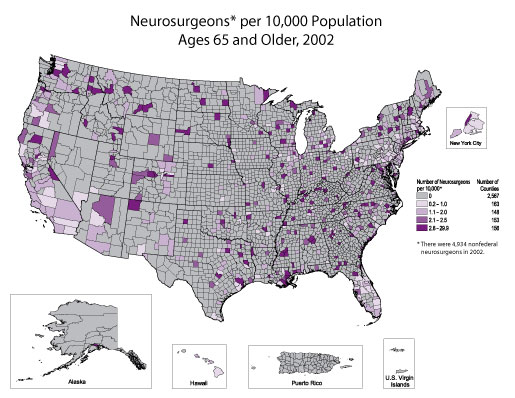 Map showing the number of neurosurgeons in the U.S. in 2002.  Refer to paragraph above titled Neurosurgeons for a detailed explanation of the map.