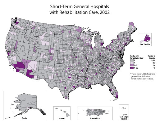 Map showing the number of short-term general hospitals with neurology services in the U.S. in 2002.  Refer to paragraph above titled Short-term General Hospitals with Neurology Services for a detailed explanation of the map.