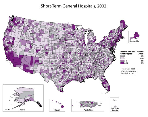 Map showing the number of short-term general hospitals in the U.S. in 2002. Refer to previous paragraph above titled Short-term General Hospitals for a detailed explanation of the map.