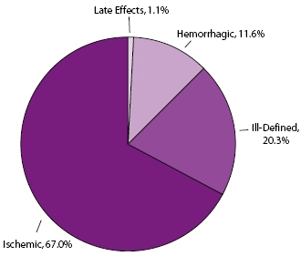 Pie chart showing the percentage of stroke hospitalizations, by stroke subtype of Medicare beneficiaries ages 65 and older from the years 1995-2002: Late Effects, 1.1%; Hemorrhagic, 11.6%; Ill-Defined: 20.3%; Ischemic, 67.0%.