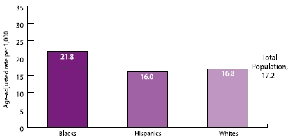 Chart showing stroke hospitalization rates (average annual rates), by age-group for Medicare beneficiaries ages 65 and older, 1995-2002: Age-adjusted rate per 1,000. Blacks: 21.8, Hispanics: 16.0, Whites: 16.8, Total population: 17.2.
