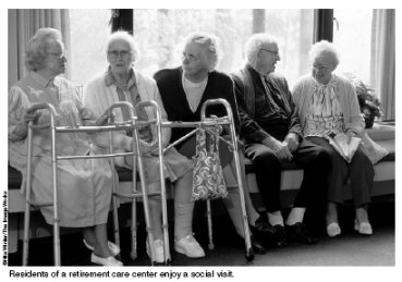 Photograph of residents in a retirement community enjoying a social visit.