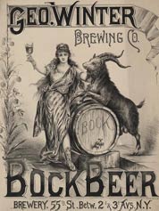 Poster showing Columbia raising a glass of beer, posed with a keg and a billy goat, the symbol of bock beer.