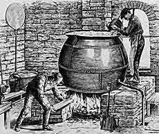 Graphic:  two men brewing beer in a large kettle.