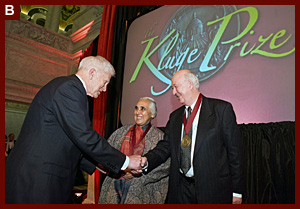 Librarian of Congress James H. Billington congratulates Kluge Prize recipients Romila Thapar and Peter Brown. 2008
