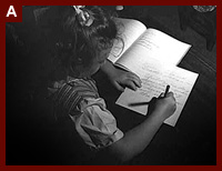 Third grader at the Elmer Avenue Elementary School writing a story on Children's Day. The open notebook is a personal speller. Schenectady, N.Y. 1943