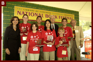 Six national winners of the “Letters About Literature” contest are pictured with Target’s Beth McGuire (left), Librarian James H. Billington (center) and Center for the Book Director John Cole (right). 2005