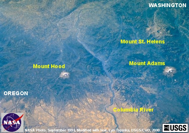 Annotated NASA Image, Mounts Hood, Adams, and St. Helens, September 1994