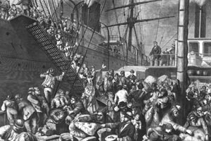From the old to the new world - German emigrants for New York embarking on a Hamburg steamer. Harper's weekly, 1874 Nov. 7, pp. 916-917.